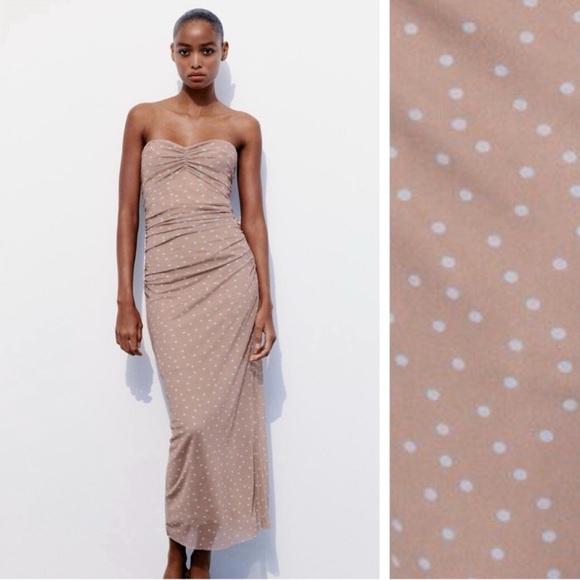 Zara Dresses & Skirts - Zara Strapless Tan Polka Dot Dress